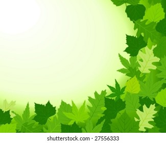 Horizontal spring background with beech, maple, oak and chestnut leaves and the bottom and right. Copy space for your text. Use of blends (bg) and 10 global colors.