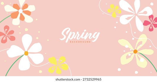 Horizontal spring background featuring hand-drawn white and yellow flowers with organic lines on a soft pink pastel backdrop in a flat vector style.