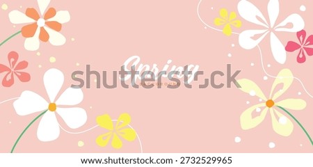Horizontal spring background featuring hand-drawn white and yellow flowers with organic lines on a soft pink pastel backdrop in a flat vector style.