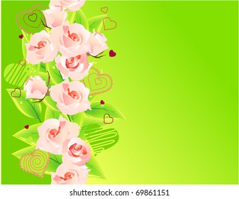 Fondo de primavera horizontal con rosas y hojas