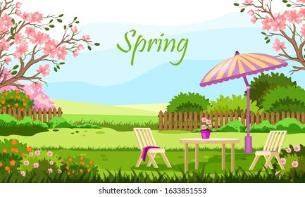 Horizontal spring banner with backyard, blooming bushes, flowers and fence. Elegant white outdoor furniture with large umbrella. Relax zone with sakura branches, chairs and table in the garden.