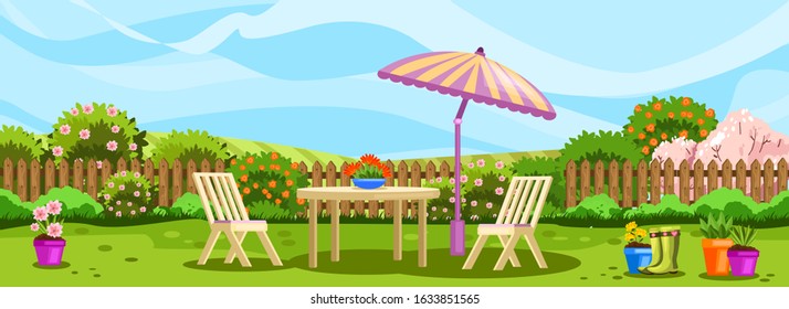 Horizontal spring banner with backyard, blooming bushes, flowers and fence. Elegant white outdoor furniture with large umbrella. Relax zone with chairs and table in the garden.