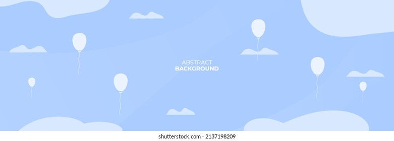 Horizontal spring banner with blue sky and flate illustration clouds. Place for text. Voucher template with balloons.