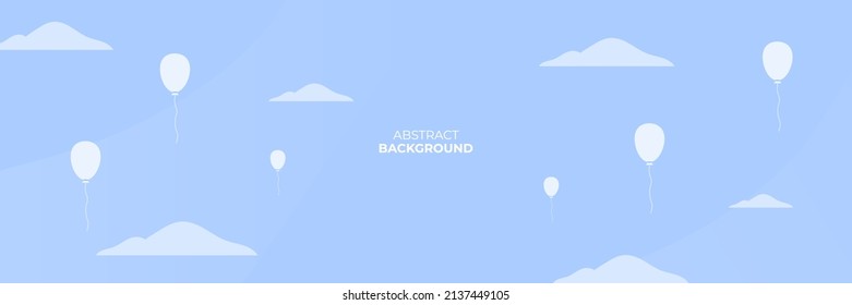 Horizontaler Frühlingsbanner mit blauem Himmel und flachen Illustrationswolken. Platz für Text. Gutscheinvorlage mit Ballons.