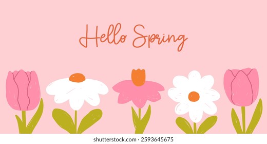 Horizontal spring banner with hand drawn flowers. Vector illustration