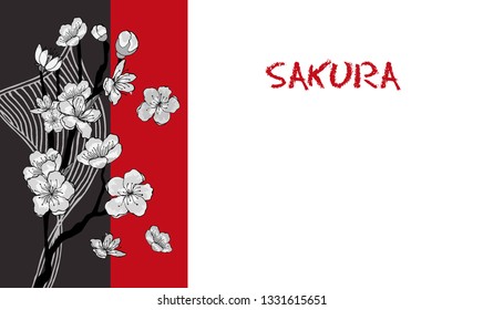 Horizontal spring banner in oriental style. White cherry flowers and contours on the branches of trees. There is a place for your text on a white background.