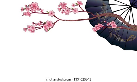 Horizontal spring banner in oriental style. Pink cherry flowers and contours on the branches of trees, a fan with goldfish. There is a place for your text on a white background.