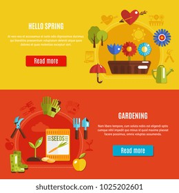 Horizontal spring banners with gardening tools flowers and sprouts on colorful background flat isolated vector illustration