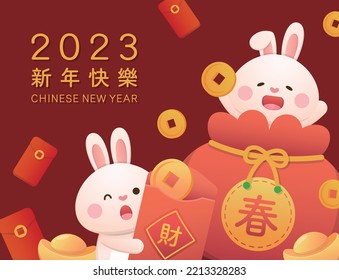 Horizontal Spring Couplets for Chinese Lunar New Year with cute rabbit character or mascot, various New Year elements, vector cartoon style, Chinese translation: Happy New Year