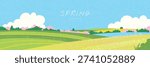 Horizontal spring landscape background in flat artistic style with grainy texture featuring green hills, blooming fields and a lake under blue sky with clouds, vector illustration