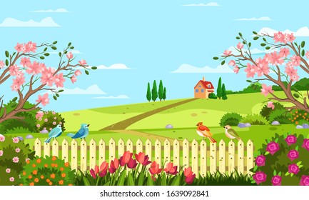 Horizontal spring landscape with fence, tulips, roses, blooming trees and bushes, hills, birds, house. Rural illustration with summer garden in cartoon  style for banners, backgrounds, advertisements