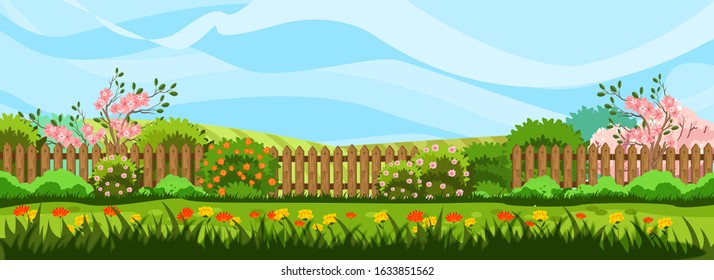 Horizontal spring landscape with garden, fence, trees in bloom, bushes and blue sky. Lawn with red and yellow flowers. Rural background in cartoon flat style with copy space. 