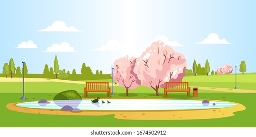 Horizontal spring landscape with lake, blooming trees, benches, street lights and ducks. City park view in cartoon flat style. Place for weekend rest and outdoor activities. Nature in the city center