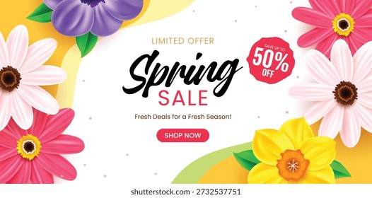 Horizontal spring sale banner with realistic 3D flowers including daffodils and anemones on a white and yellow wavy background.
