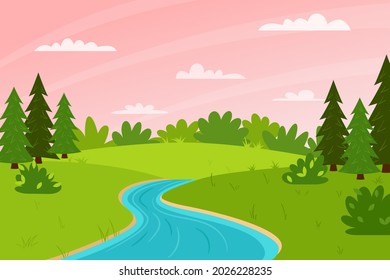 Paisaje horizontal de verano de primavera. El cielo del atardecer. Un bosque con árboles, arbustos y un arroyo o río. Un clima despejado. Ilustración del vector de color. Fondo natural con espacio vacío para el texto.