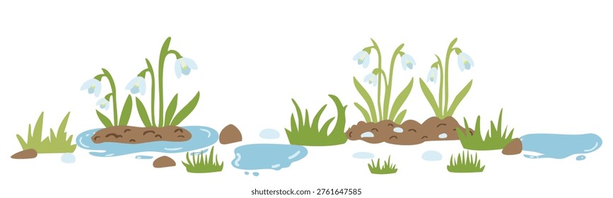 A horizontal spring vector illustration featuring blooming white snowdrop flowers (Galanthus), green grass, mud and blue water puddles. Concept of early spring, melting snow and nature awakening.