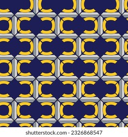 The horizontal square motif using straight and curved beams on a dark blue background forms a nice vector seamless pattern.
