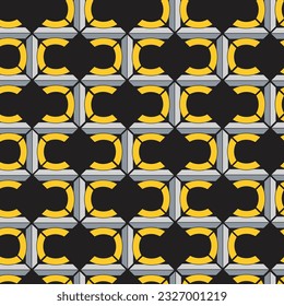 The horizontal square motif using straight and curved blocks on a black background forms a nice vector seamless pattern.