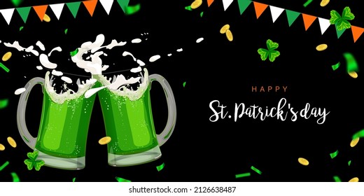 Horizontal St. Patrick's Day banner with green beer mugs. A toast to good luck. Confetti, flags, clover and gold coins are traditional elements of the Irish national holiday. Vector illustration.