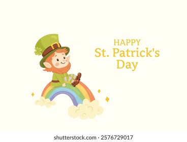 Horizontal St. Patrick's Day greeting card. Cute leprechaun sitting on a rainbow