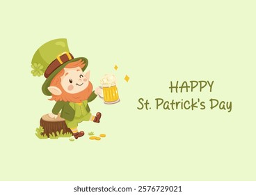 Horizontal St. Patrick's Day greeting card. Cute leprechaun with a mug of beer