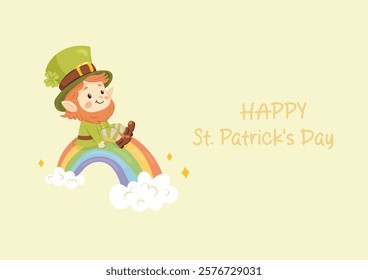 Horizontal St. Patrick's Day greeting card. Cute leprechaun sitting on a rainbow