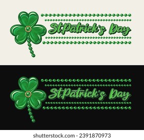 Horizontal St Patricks Day label with shamrock clover, bead strings, text. Clover like jewelry charm made of green enamel in golden frame. Vintage illustration in luxury style