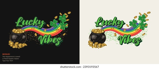 Horizontal St Patricks Day label with rainbow wave, pot full of gold treasures, clover, flying coins, text Lucky Vibes. For prints, clothing, t shirt, holiday design Text graphic style included