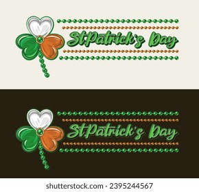 Horizontal St Patricks Day label with shamrock clover, bead strings, text. Clover like jewelry charm made of green enamel in golden frame. Irish flag colors. Vintage illustration in luxury style