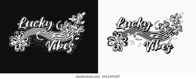 Etiqueta horizontal del Día de San Patrón con ola, suerte 4 hojas de trébol, monedas de oro voladoras, herradura, texto. Para impresiones, ropa, diseño de camisetas. Ilustración en blanco y negro.