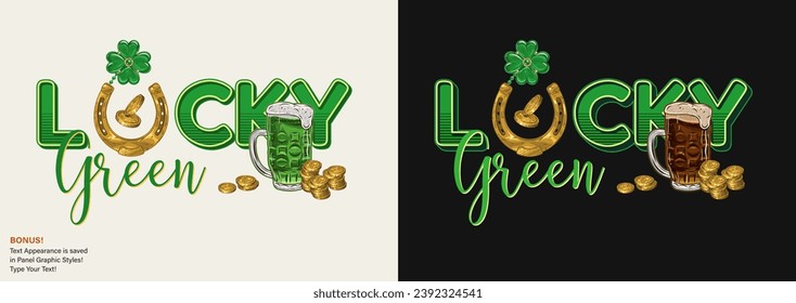 Horizontal St Patricks Day text label with golden coins, horseshoe, glass of beer, text Lucky Green. For prints, clothing, t shirt design Text editable graphic style included