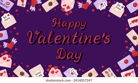Horizontal St Valentines greeting banner or card. Handwriting lettering for valentines day with frame made of love letters and envelopes. Greeting card or background.