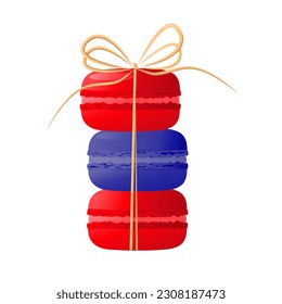 Horizontal stack red and blue macarons tied with a bow.Composition of color macaroon isolated on white background.Gradient macarons. Vector illustration.