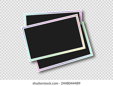 Horizontal stack of three empty photo frames mockup, isolated on transparent background.