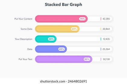 Horizontal stacked bar graph template with five colorful options. Simple infographic diagram for data visualization.