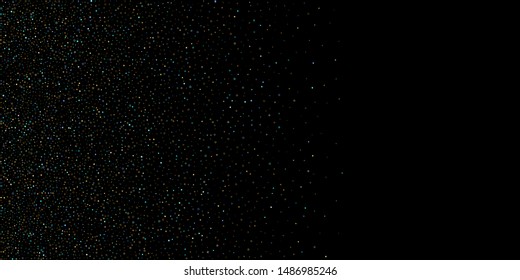 Horizontal Star Background. Gold, Blue stars, shiny confetti. Scattered little sparkling, glitter. Random stellar falling on black. New Year Christmas background. Vector illustration.