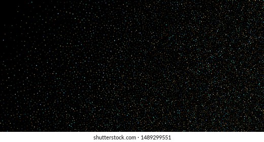 Horizontal Star Background. Gold, Blue stars, shiny confetti.
 Scattered little sparkling, glitter star. Random stellar falling on black background. New Year Christmas background. Vector illustration.