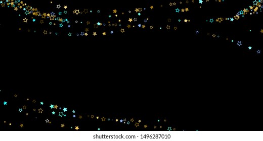 Horizontal Star Background. Gold, Blue stars, shiny confetti.
 Scattered little sparkling, glitter star. Random stellar falling on black background. New Year Christmas background. Vector illustration.