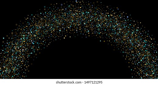 Horizontal Star Background. Gold, Blue stars, shiny confetti.
 Scattered little sparkling, glitter star. Random stellar falling on black background. New Year Christmas background. Vector illustration.
