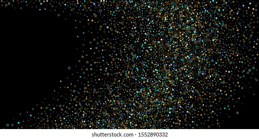 Horizontal Star Background. Gold, Blue stars, shiny confetti.
 Scattered little sparkling, glitter star. Random stellar falling on black background. New Year Christmas background. Vector illustration.