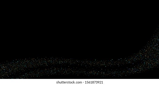 Horizontal Star Background. Gold, Blue stars, shiny confetti.
 Scattered little sparkling, glitter star. Random stellar falling on black background. New Year Christmas background. Vector illustration.