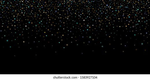Horizontal Star Background. Gold, Blue stars, shiny confetti.
 Scattered little sparkling, glitter star. Random stellar falling on black background. New Year Christmas background. Vector illustration.