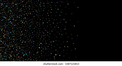 Horizontal Star Background. Gold, Blue stars, shiny confetti.
 Scattered little sparkling, glitter star. Random stellar falling on black background. New Year Christmas background. Vector illustration.