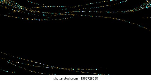 Horizontal Star Background. Gold, Blue stars, shiny confetti.
 Scattered little sparkling, glitter star. Random stellar falling on black background. New Year Christmas background. Vector illustration.