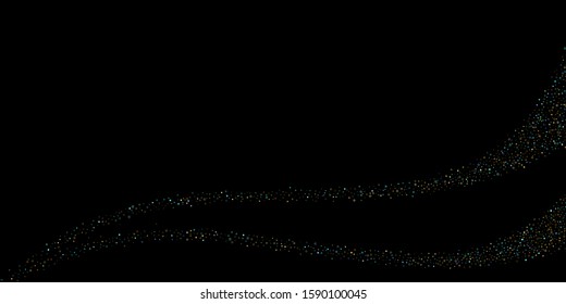 Horizontal Star Background. Gold, Blue stars, shiny confetti.
 Scattered little sparkling, glitter star. Random stellar falling on black background. New Year Christmas background. Vector illustration.