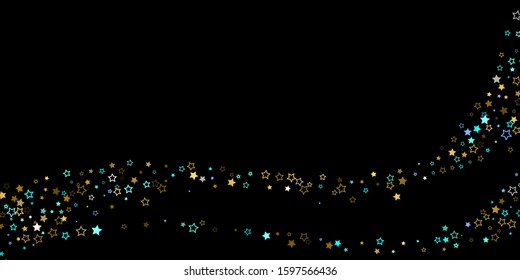 Horizontal Star Background. Gold, Blue stars, shiny confetti.
 Scattered little sparkling, glitter star. Random stellar falling on black background. New Year Christmas background. Vector illustration.