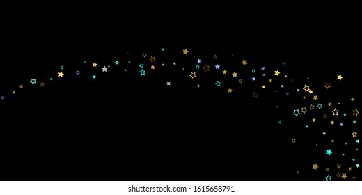 Horizontal Star Background. Gold, Blue stars, shiny confetti.
 Scattered little sparkling, glitter star. Random stellar falling on black background. New Year Christmas background. Vector illustration.