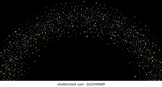 Horizontal Star Background. Gold, Blue stars, shiny confetti.
 Scattered little sparkling, glitter star. Random stellar falling on black background. New Year Christmas background. Vector illustration.