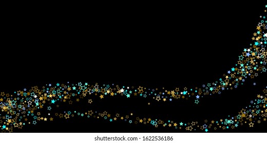 Horizontal Star Background. Gold, Blue stars, shiny confetti.
 Scattered little sparkling, glitter star. Random stellar falling on black background. New Year Christmas background. Vector illustration.