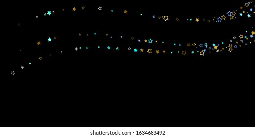 Horizontal Star Background. Gold, Blue stars, shiny confetti.
 Scattered little sparkling, glitter star. Random stellar falling on black background. New Year Christmas background. Vector illustration.